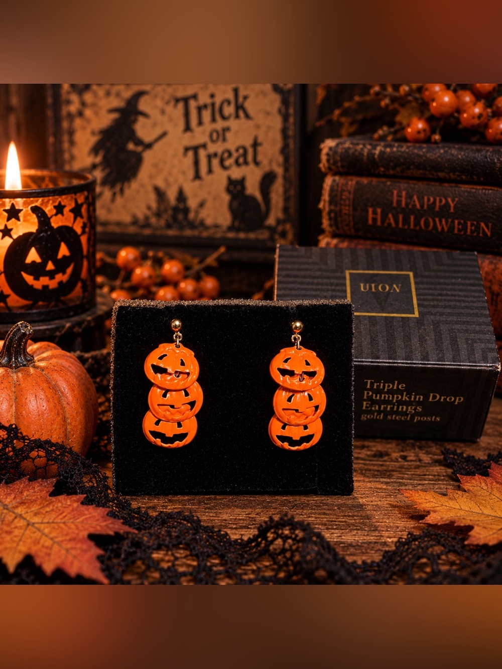 1995 Avon Triple Pumpkin Drop Earrings – Jack-o’-Lantern Halloween Jewelry